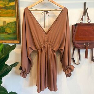 Glam Mocha Satin Boho Mini Dress • Deep V Tie Back • Flowy Sleeve